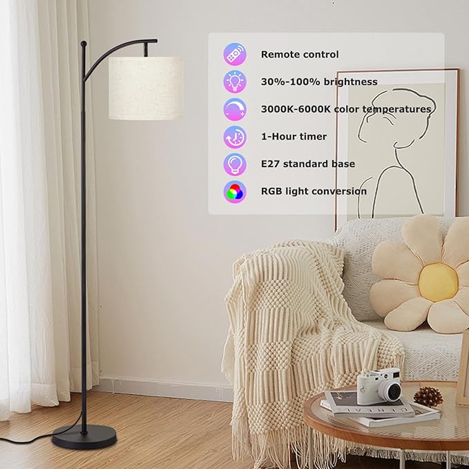Ambimall Floor Lamps with Smart Light Bulb, RGB + Color Temperatures Bright Dimmable Smart Floor lamp(Beige Shade & Black Pole)