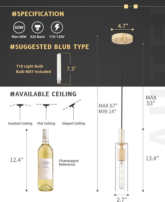 AUTELO 1-Light Pendant Lights - Vintage Pendant Lights Kitchen Island, Light Wood Grain Hanging Light with Clear Cylinder Glass, Pendant Light Fixtures for Kitchen Island Dining Room Bathroom H3875 LW