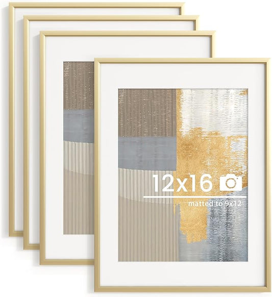 12x16 inch Metal Picture Frame - 12 x 16 Thin Aluminum Photo Frames with 9x12 Removable Mat - High Definition Plexiglass - Vertical and Horizontal Display - Wall Hook Hanging Hardware Included - Gold, Set of 4