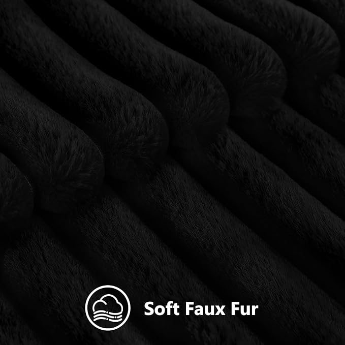 decorUhome Faux Fur Throw Pillow Covers 20x20 Set of 2, Decorative Soft Plush Striped Neutral Couch Euro Pillow Covers with Velvet Back for Sofa, Bed, Living Room Home Decor, Black