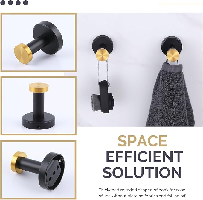 Angle Simple Hand Towel Holder Black & Gold 2 PCS, Stainless Steel Bath Towel Hook, Bathroom Robe Hanger Wall Mount