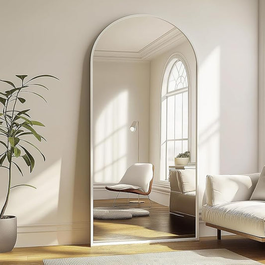 TinyTimes Full Length Mirror, 76''x34'' Full Floor Mirror with Stand, White Arched Wall Mirror with Aluminum Frame, Large Body Mirrors for Bedroom Living Room