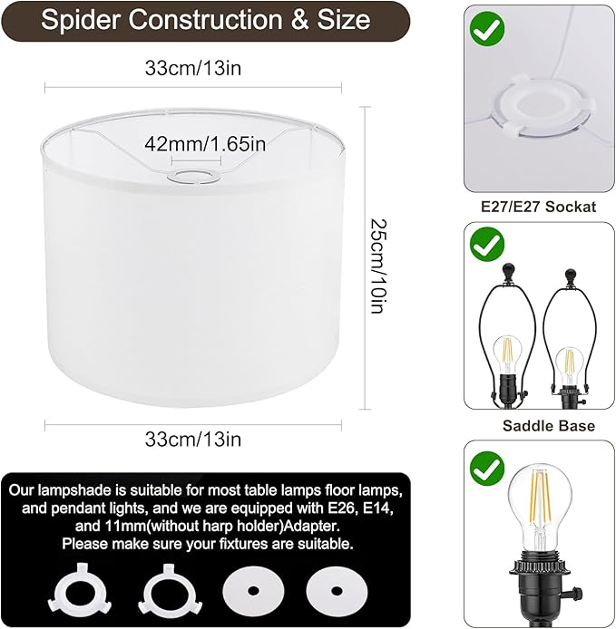 White Lamp Shades Set of 2, Drum Lampshades 13" Top x 13" Bottom x 10" High (Spider), Replacement Lamp Shades Natural Linen Hand Crafted for Table Lamps Floor Lamps Pendent Light, Assembly Required