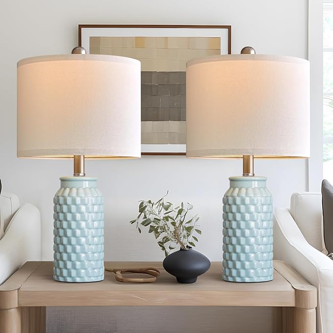 20.5" Light Blue Modern Ceramic Bedside Lamp Set of 2 for Bedroom Decor Farmhouse Table Lamp for Living Room Office Dorm