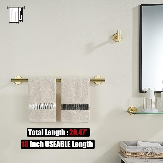 JQK Bath Towel Bar Brushed Gold, 18 Inch 304 Stainless Steel Thicken 0.8mm Towel Rack Bathroom, Towel Holder Wall Mount, Total Length 20.47 Inch TB110L18-BG