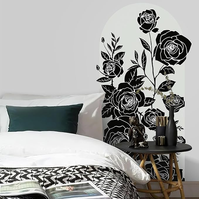 Large Arch Wall Decal Peel and Stick Black Rose Floral Accent Wall Stickers Self-Adhesive Modern Boho Floral Decal Vinyl Arch Wall Art for Headboard Living Room Bedroom Door Decor 63x 34.6IN