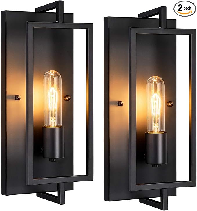 Industrial Wall Sconces Set of 2, Vintage Light Fixture, E26 Base, Matte Black Metal Wall Mount Lamp, Modern Indoor Lighting Hardwired