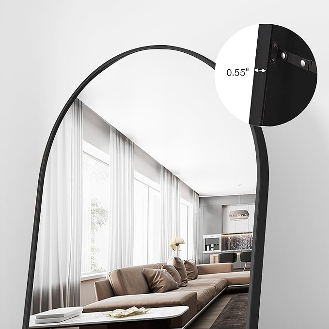Arched Floor Mirror, 56"x20" Full Length Mirror, Standing Mirror Hanging or Leaning, Body Mirrors with Stand, Wall Mounted Arched-Top Mirrors with Aluminum Frame for Bedroom (Black)