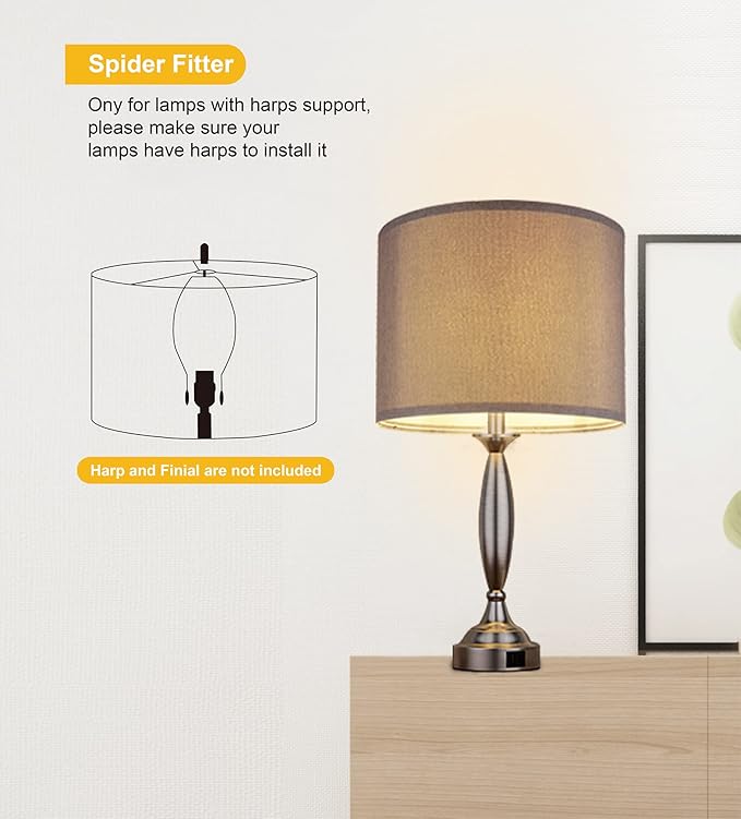 Drum Lampshades Set of 2, Natural Linen Lampshade 13" x 13" x 10" High, Easy Assembly Replacement Fabric Lampshades for Table Lamps Floor Lamps, Gary Color, Spider Fitter