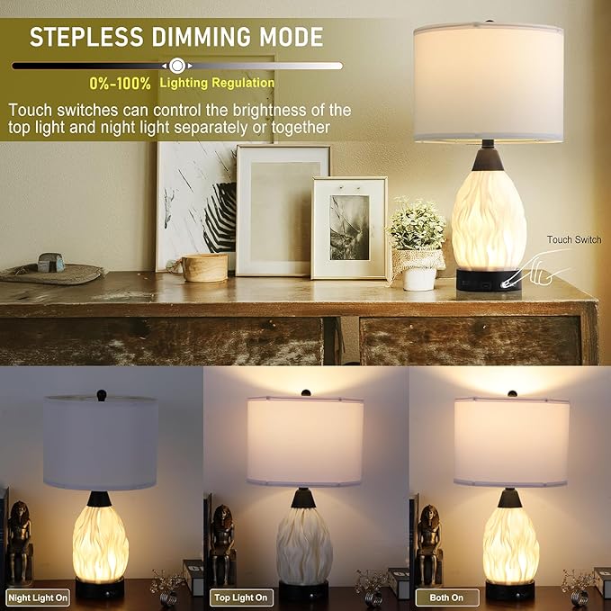 Serteaw 22''Touch Control Table Lamps Set of 2,Stepless Dimmable Bedside Lamps with USB Charging Ports, Black and Cream Living Room End Nightstand Table Lamps with Linen Lampshade, LED Bulbs Included