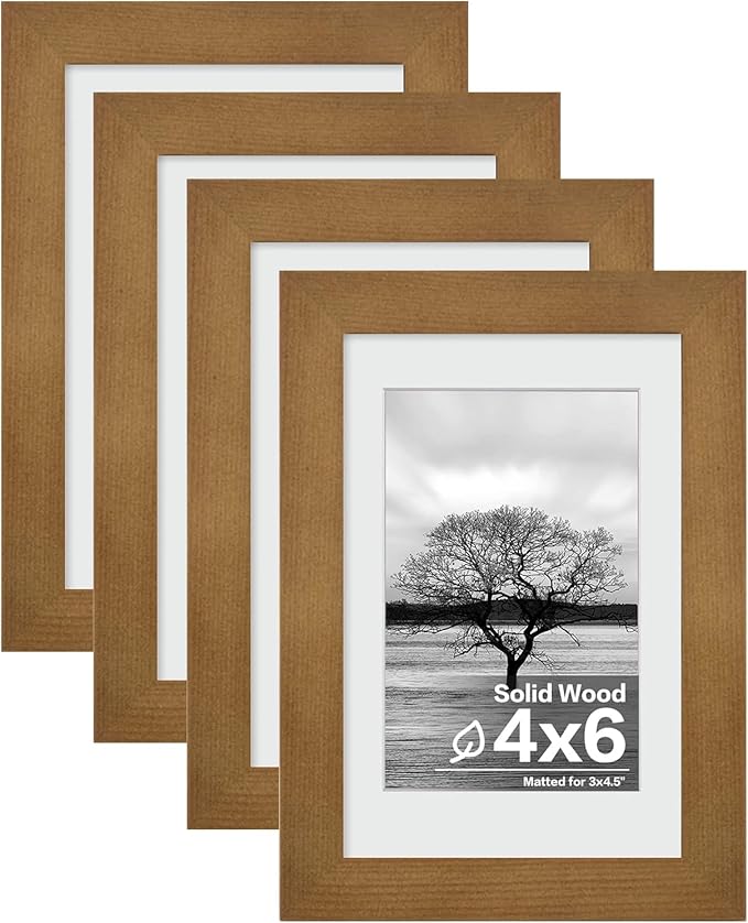 Egofine 4x6 Picture Frames Set of 4 - Made of Solid Wood for Table Top Display and Wall Mounting photo frame Light Brown