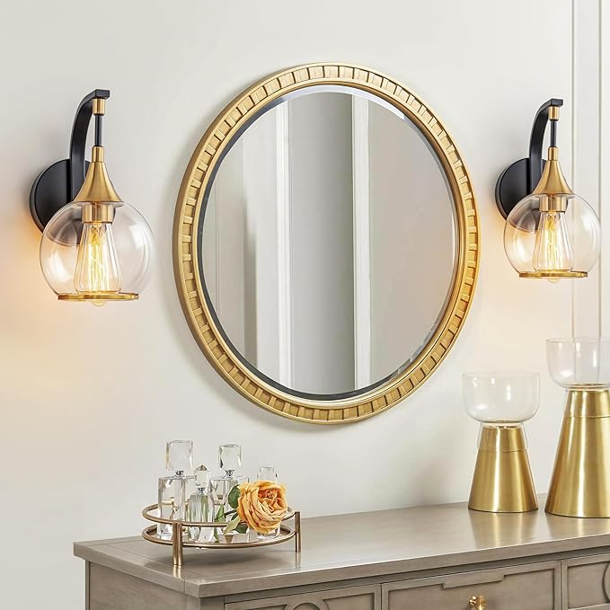 Indoor Wall Sconce, Black and Gold Wall Light Fixture with 4.9 Inches Clear Glass Shade, Bathroom Vanity Lights for Mirror, Bedroom, Hallway