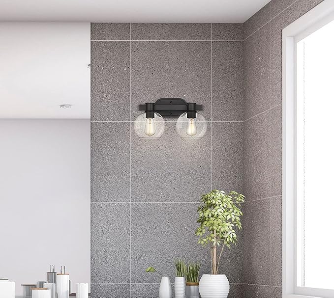 Dan Modern Farmhouse 2-Light Vanity Light Wall Sconce Lighting with Clear Glass Globe Shade in Light Black Finish for Bedroom, Hallway, Kitchen
