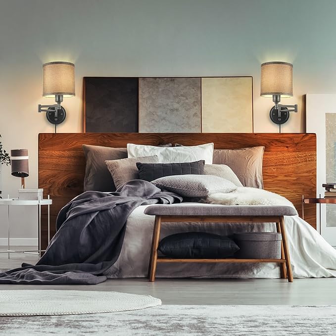 Dimmable Plug in Wall Sconces, Swing Arm Wall Lamp, Wall Sconces Set of Two, Plug in Wall Light, Sconces Wall Decor Set of 2, Grey Fabric Shade, 2pcs Bulbs Included