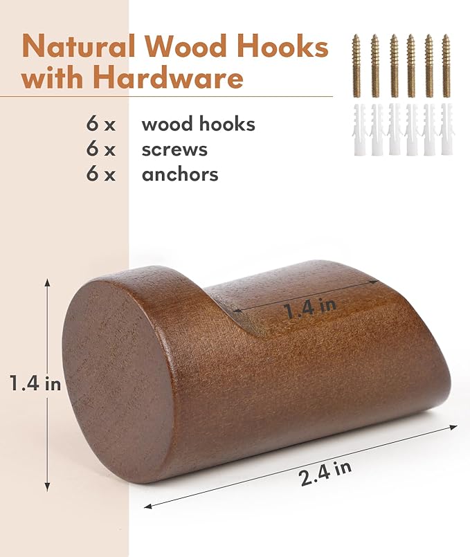 Wood Wall Hooks for Hanging, 4 Pack Hat Hook for Walls, Coat Hook Wall Mount, Backpack Hooks for Walls, Bathroom Towel Hanger (Walnut)