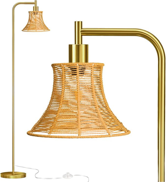 Floor Lamp,67" Modern Vintage Standing Lamp with Rattan Lampshade Metal Pole for Living Room, Bedroom, Office - Heavy Base,Pedal Switch(Include E26 Bulb)