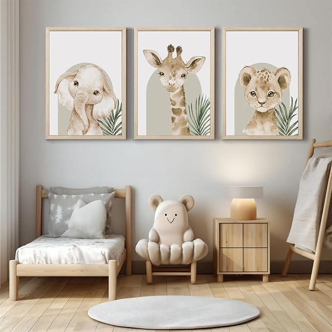 Animal Wall Art Pictures Baby Nursery Canvas Wall Art Decor Safari Animal Prints Jungle kids Wall Art Woodland Nursery Wall Decor Giraffe Jungle Poster for Room 16x24 Inch Wood Framed Set of 3