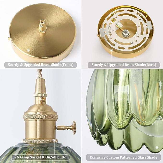 Mini Pendant Light 2 Pack with Green Tulip Glass Lmapshade, Brass Vintage Pendant Light Adjustable Hanging Light for Kitchen Island Dining Room Hallway