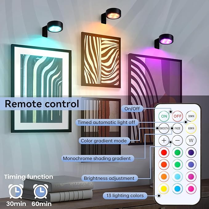 4-Pack Wireless Battery Operated Painting Light with Remote Control,13 Color RGB Magnetic Led Art Display Light for Picture Frame, Dimmable and Timer Painting Light, Wall Decor Black display light