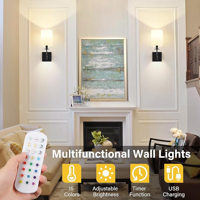 14.5 Inch Black Battery Operated Wall Sconces Set of 2, Rechargeable Wireless Wall Lights with Remote & White Fabric Shade, Indoor Not Hardwired Dimmable Wall Lamps for Bedroom, 2 Bulbs Included