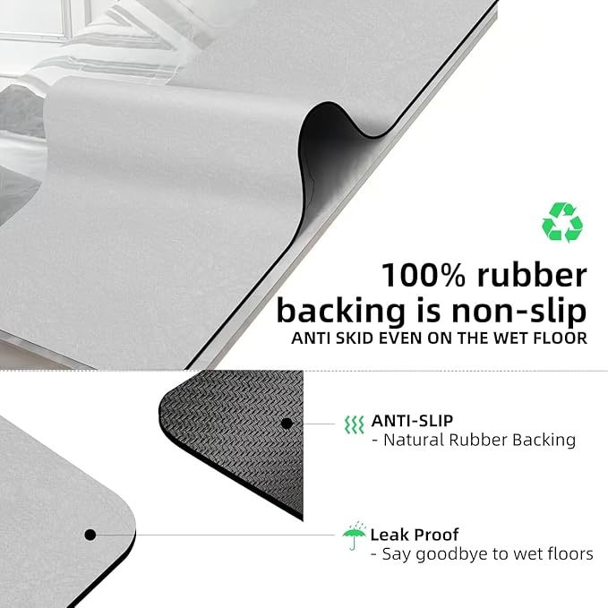 Large Bathroom Rugs Diatomaceous Earth Bath mat Super Absorbent Quick Dry Non Slip Bath Mat Thin Bathroom Floor Mats Fit Under Door-Shower Rug for in Front of Bathtub Shower, Grey, 19.6"x31.5"