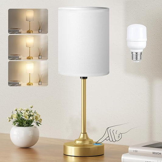 Gold Nightstand Bedroom Lamp - 3 Way Dimmable Bedside Lamp, Small Table Lamp Linen Lampshade for Office Desk, LED Bulb Included