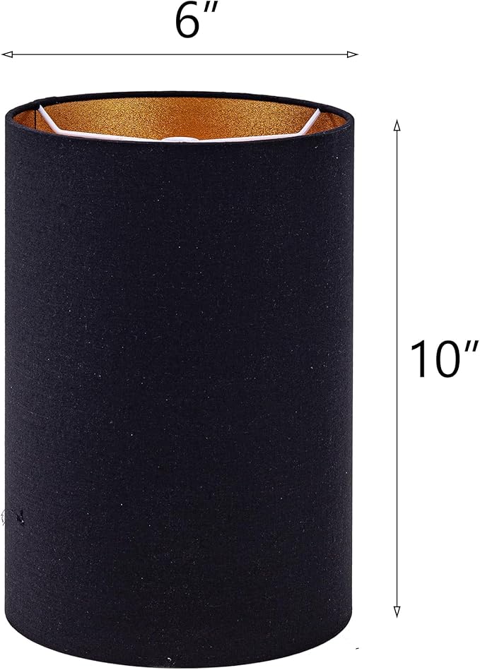 Wellmet BlackGold 6"x 6"x10" Lampshade, No Assembly Required, Classic Modern Lamp Shade for Table Lamp, Bedside Lamp, Floor Lamp, Fabric Drum Lampshade, Spider Fitter