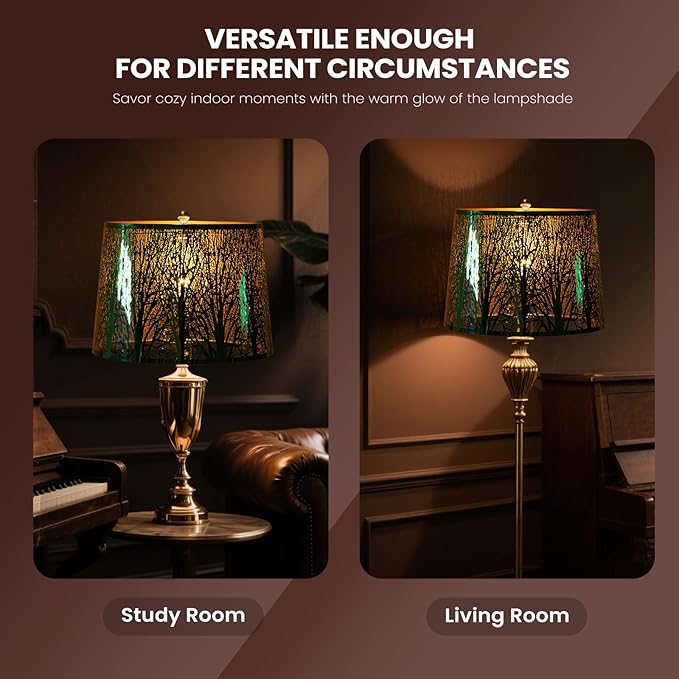 ALUCSET Stainless Steel Large Lampshade, Drum Lamp Shade 11" Top x 13" Bottom x 10" High, Large Lamp Shades for Table and Floor Lamps, Green Polished Etched Forest Replacement Shade, Spider Fitter