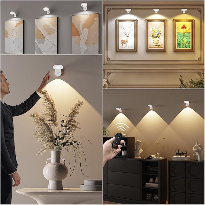 Picture Lights for Wall Wireless with Magnetic,2000mAh Rechargeable Picture Frame lights with Dimmable, Puck Lights with Remote Control,Art Lighting for Paintings,Counter, Shelf,Bookcase(4 Pack,White)