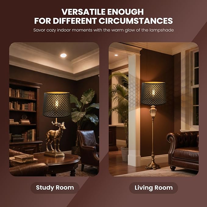 ALUCSET Drum Lampshade 14" Top x 16" Bottom x 11" High (Spider) Large Lamp Shade Replacement for Table Lamps and Floor Lamp Modern Lamp Shades, Black and Gold Lampshades with Etched Arrow Pattern