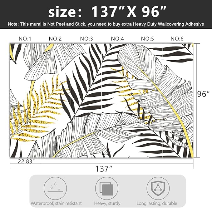 -Black and Gold Tropical Botanical Banana Leaf Fabric Wallpaper Living Room Bedroom Bathroom Abstract Plant Large Wall Mural- 137"x96"（ not Peel and Stick）
