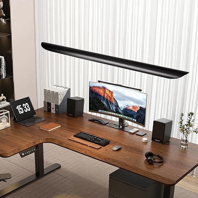 47" Modern Led Linear Pendant Light 36w Dimmable Ceiling Hanging Lights Wood Linear Chandeliers Office Lighting for Dining Room Kitchen Island Pool Table Light Living Room Bar Pendant Light Black