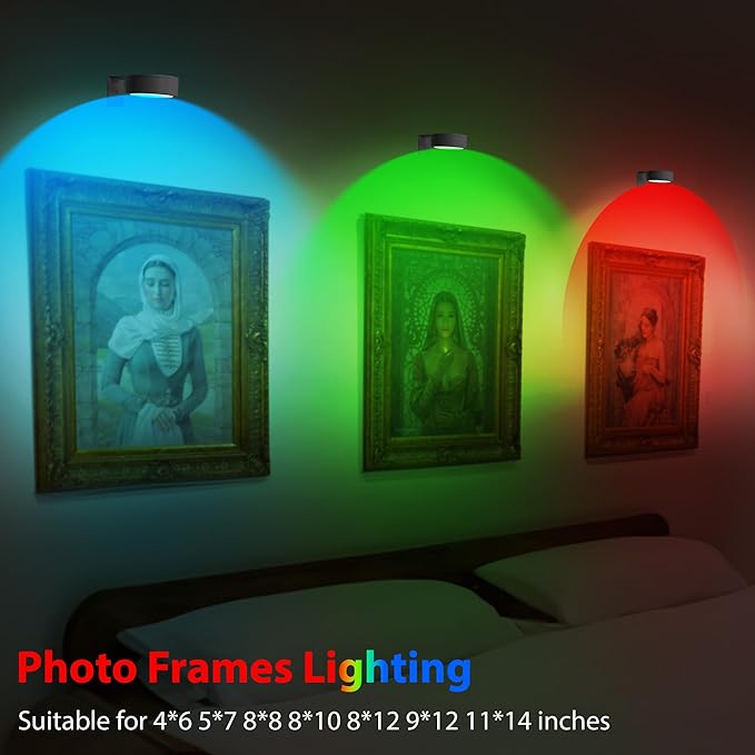 3Pcs Picture Lights for Wall, 13 RGB Color Magnetic Led Art Display Light for Picture Frame, Wireless Battery Operated Painting Light with Remote Control, Party Home Wall Decor Puck Lights, Black-RGB