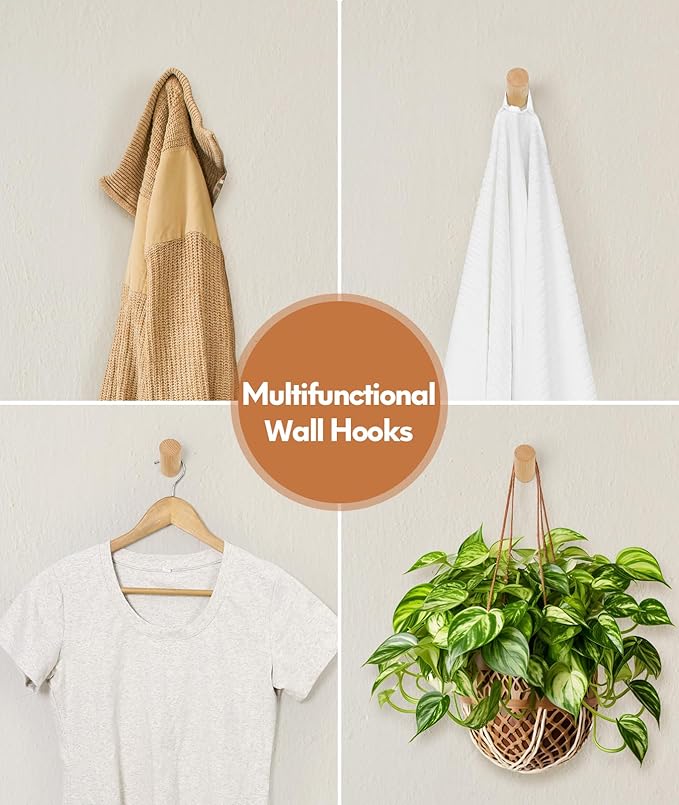 Wood Wall Hooks for Hanging, 6 Pack Hat Hook for Walls, Coat Hook Wall Mount, Backpack Hooks for Walls, Bathroom Towel Hanger (Natural)