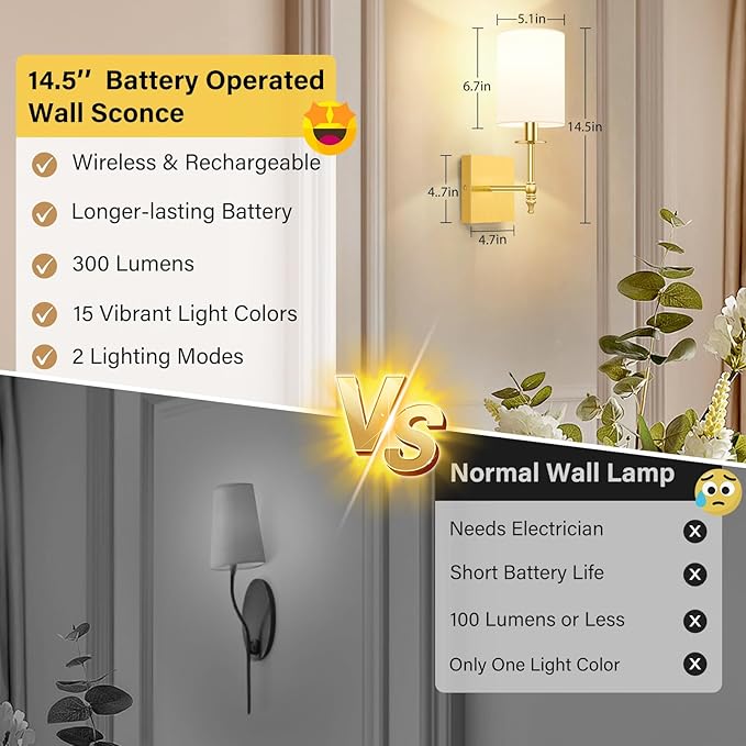 14.5 Inch Wall Sconces Battery Operated Set of 2, Rechargeable Wireless Wall Sconces Lights with Remote, Not Hardwired Dimmable Gold Wall Lamps with White Fabric Shade for Bedroom, 2 Bulbs Included