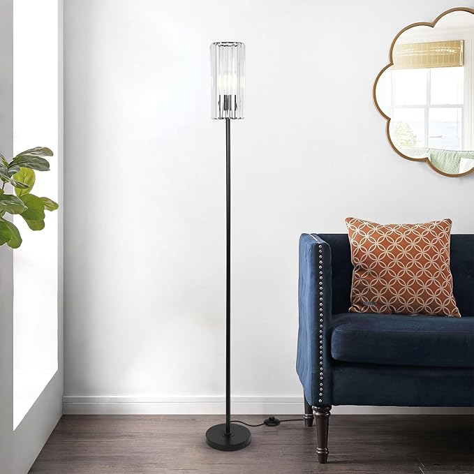 HMVPL Black Floor Lamp for Living Room, Elegant Floor Lamp for Bedroom with K9 Crystal Shade, Modern Standing Lamp for Corner with On/Off Switch, Pole Tall Lamp for Nursery Office Home Decor