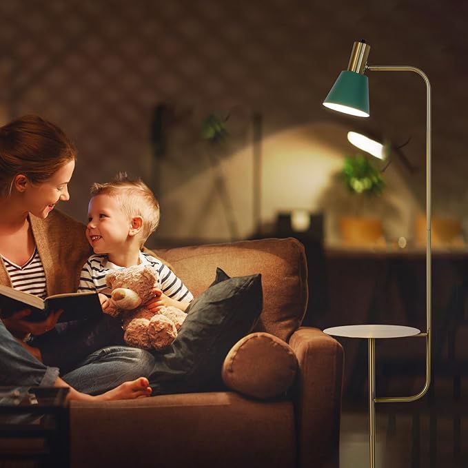 Hsyile Contemporary Modern Creative Floor Lamp with a Table,Suitable for Living Room,Den,Office,Bedroom - Standing Lamp Tall Floor Lamp - Brushed Brass Finish and Green Lampshade