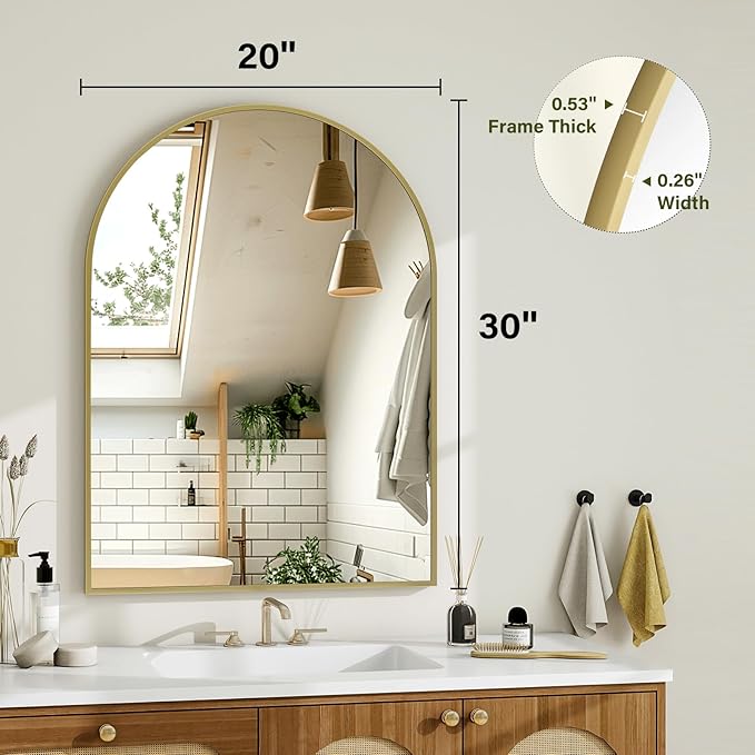 Arch Bathroom Mirror, 20x30 inch Arched Bathroom Mirror/Wall Mounted Vanity Mirror - Arch Metal Frame Wall Mirror for Bathroom Bedroom Living Room, Gold