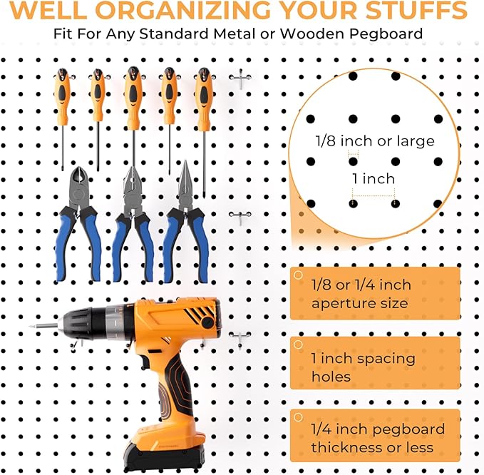 INCLY 50 Pack Pegboard Hooks, 6 Inch Metal Peg Board Shelving Hooks Accessories, Peg Board Tool Hangers Fit for 1/8“ and 1/4" Pegboard Hanging Tools for Garage, Craft Room, Kitchen, Store