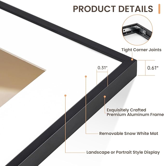 16x20 Metal Picture Frame Black, Aluminum Poster Frame with Removable Mat for 11x14 Photo, 16 x 20 Thin Hanging Frames, Simple and Elegant Decor for Wall Mounting, 1 Pack