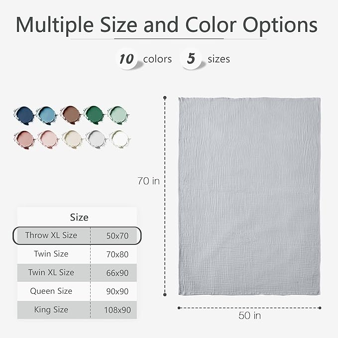 Carriediosa 100% Cotton Muslin Throw Blanket 50" X 70" Throw XL Size，4-Layers Summer Gauze Throws for Bed Couch，Soft Lightweight Breathable Linen Blankets Bedspread for Adults All Season，Grey