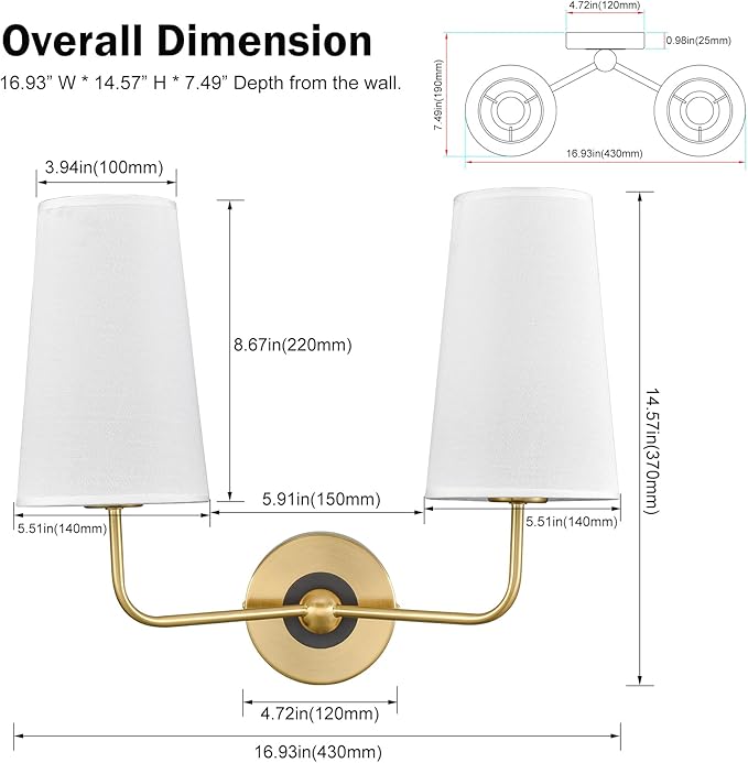 DAYCENT Modern Gold Wall Sconce with Fabric Shade 2-Light Armed Sconces Wall Lighting Double Brass Sconce for Bathroom Vanity Bedroom Hallway Living Room Stairway