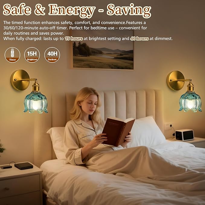 Vintage Battery Operated Wall Sconce with Flower lampshade,Rechargeable Battery Powered Wall Lights,Wall lamp with 15 Colors for Bedroom Living Room Home Decor (Flower Blue, 1 Light Battery Operated)