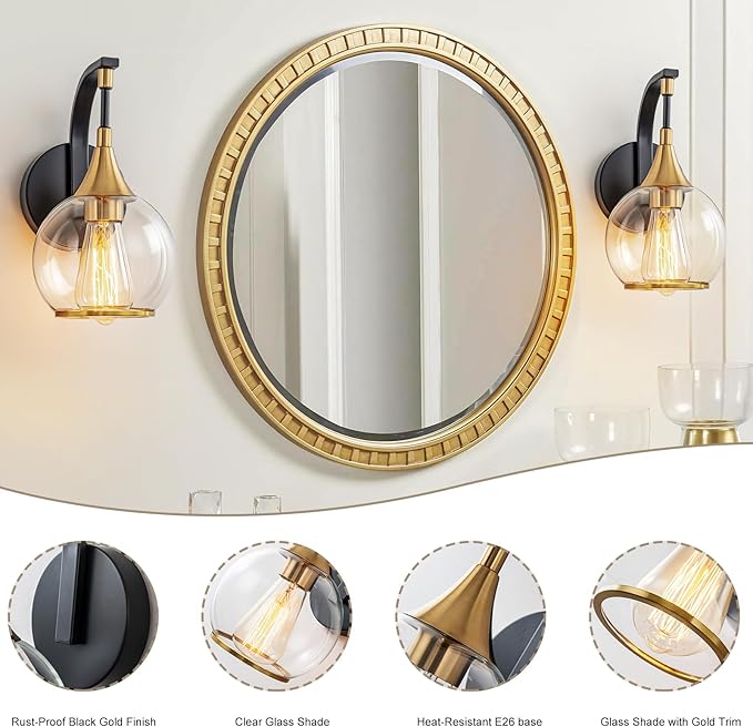 Indoor Wall Sconce, Black and Gold Wall Light Fixture with 4.9 Inches Clear Glass Shade, Bathroom Vanity Lights for Mirror, Bedroom, Hallway