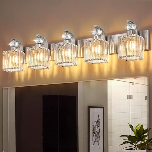 Modern Bathroom Vanity Light, 5-Light Nickel Bathroom Lighting Fixtures Over Mirror, 36.3" Crystal Wall Light Sconce for Bathroom/Bedroom/Vanity, Includes LED Bulbs, Easy Installation