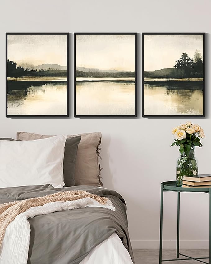 KUVIOKE Watercolor Abstract Mountain Lake Framed Wall Art Brown Landscape Nature Wilderness Painting Nordic Neutral Tan Illustration Decorative Home Decor 12x16in (Black Framed)