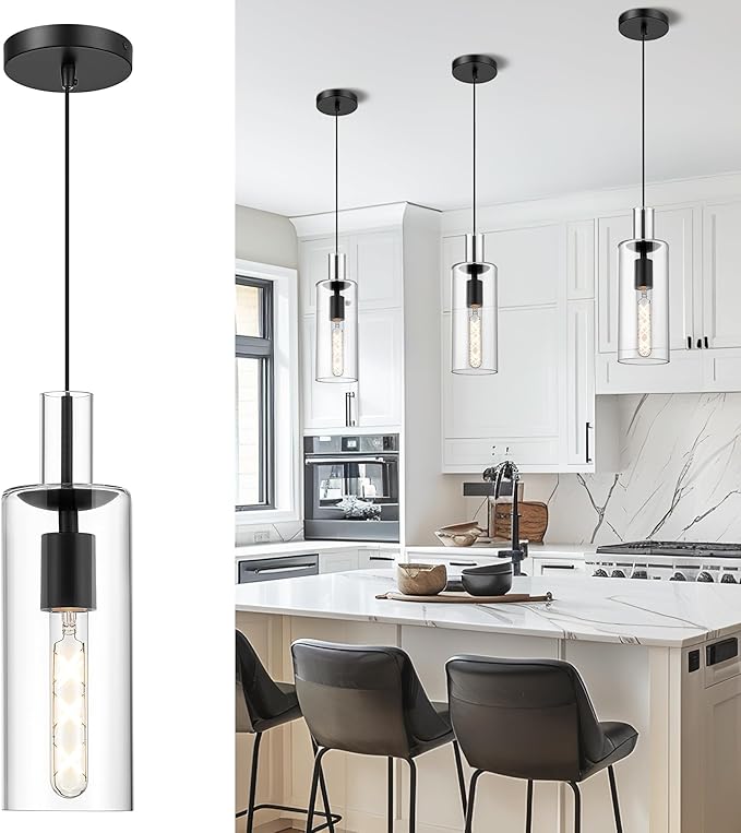 AUTELO Black Pendant Lights, 1-Light Pendant Lights Kitchen Island, Modern Hanging Lights in Black Metal Finish with Clear Glass, Glass Kitchen Pendant Lighting Over Island, H3875 BK-M