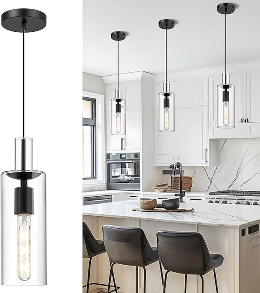 AUTELO Black Pendant Lights, 1-Light Pendant Lights Kitchen Island, Modern Hanging Lights in Black Metal Finish with Clear Glass, Glass Kitchen Pendant Lighting Over Island, H3875 BK-M