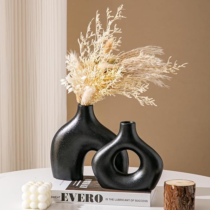 Ceramic Vase Set of 2, Black Pampas Grass Vases for Home Decor, Round Boho Vases for Flowers, Nordic Minimalism Style vase for Table Centerpiece Living Room Bedroom Shelf Decor