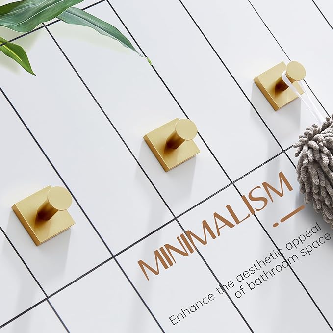 KOKOSIRI Bath Towel Hooks for Shower Wall Hanging Towels Bathroom Robe Hooks for Door Kitchen Closet Brushed Gold Stainless Steel 3 Pack, B1016BG-P3